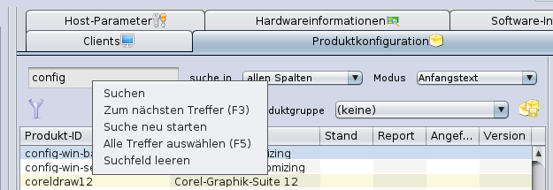 opsi-configed: Produktsuche, mit Kontextmenü