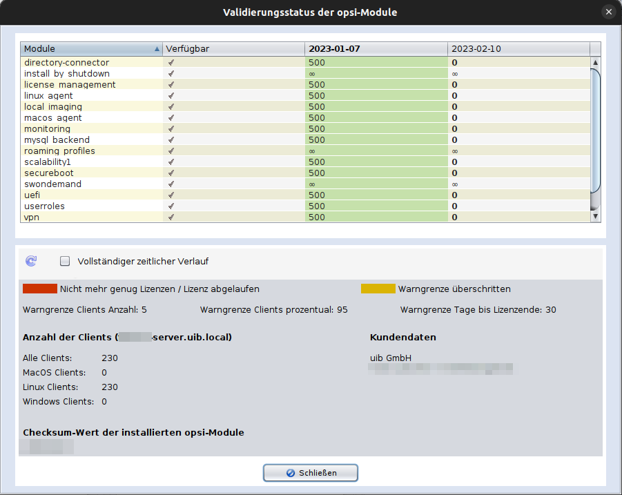 opsi-configed: Validierungsstatus der opsi-Module