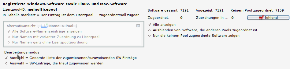 Software-Tabelle: Konfiguration der Anzeige