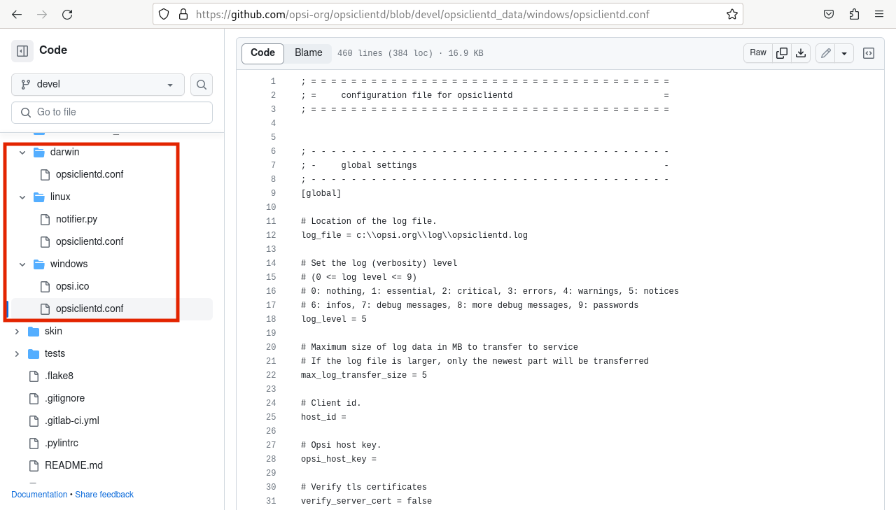 Unser GitHub-Repository enthält eine *opsiclientd.conf* mit Standardwerten.