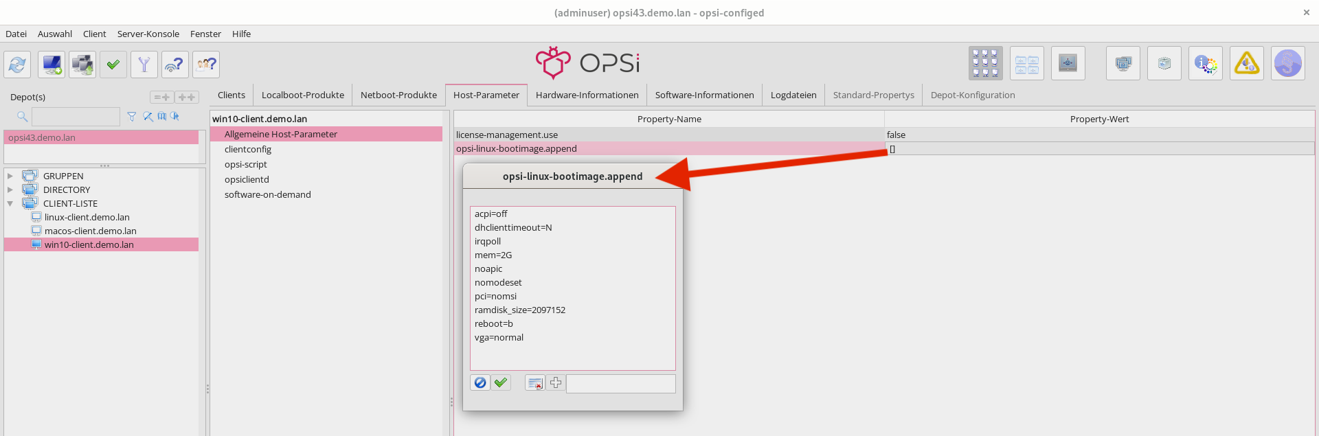 Startparameter für das opsi-Bootimage konfigurieren Sie über Host-Parameter.
