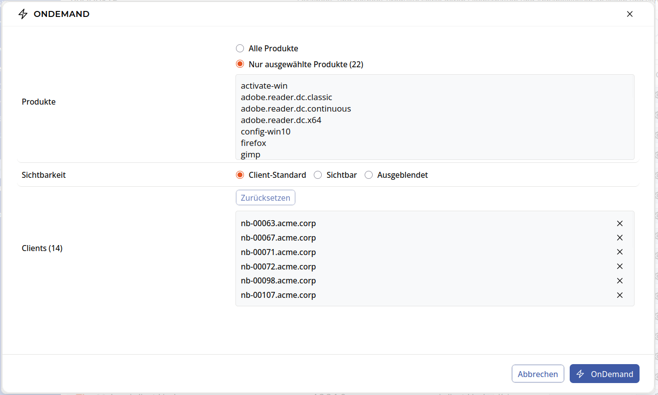 OPSI-WebGUI: OnDemand-Dialog aus der Hauptansicht Produkte