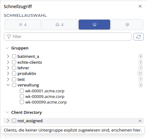 OPSI-WebGUI: Schnellauswahl – Reiter Clients