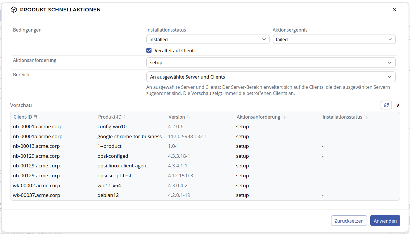 OPSI-WebGUI: Schnellzugriff - Produkt-Schnellaktionen