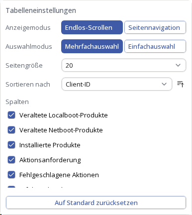 OPSI-WebGUI: Tabelleneinstellungen