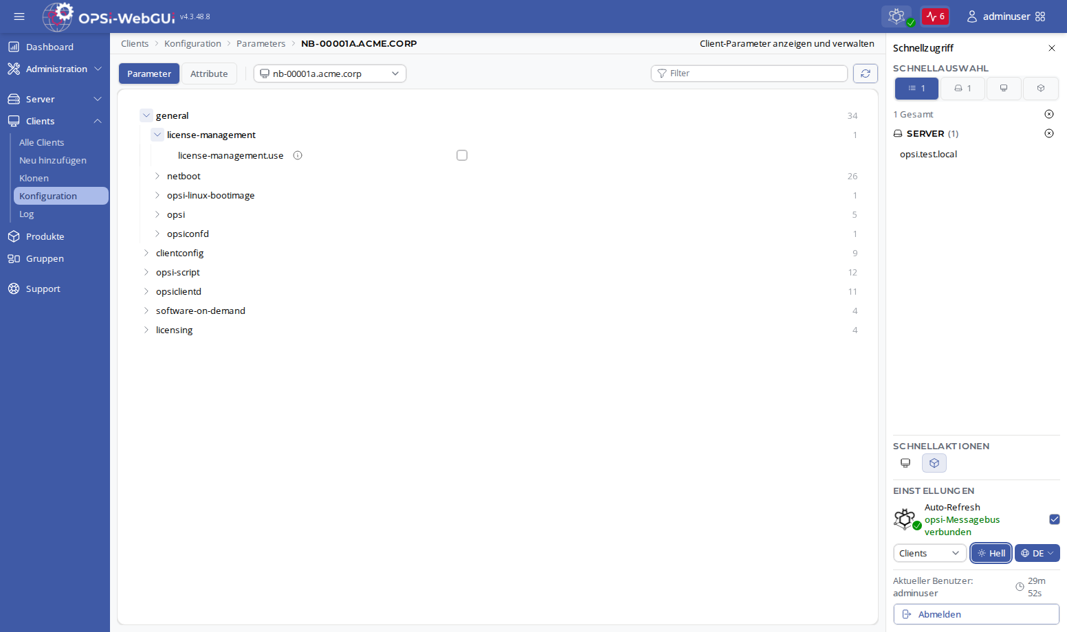 OPSI-WebGUI: Attribute und Parameter