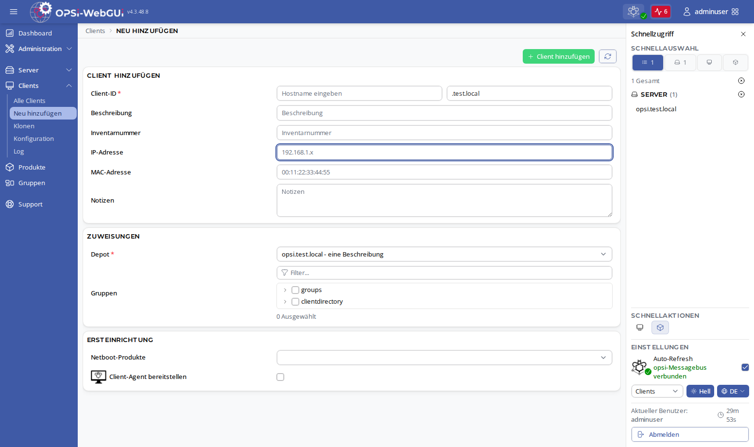 OPSI-WebGUI: Client erstellen