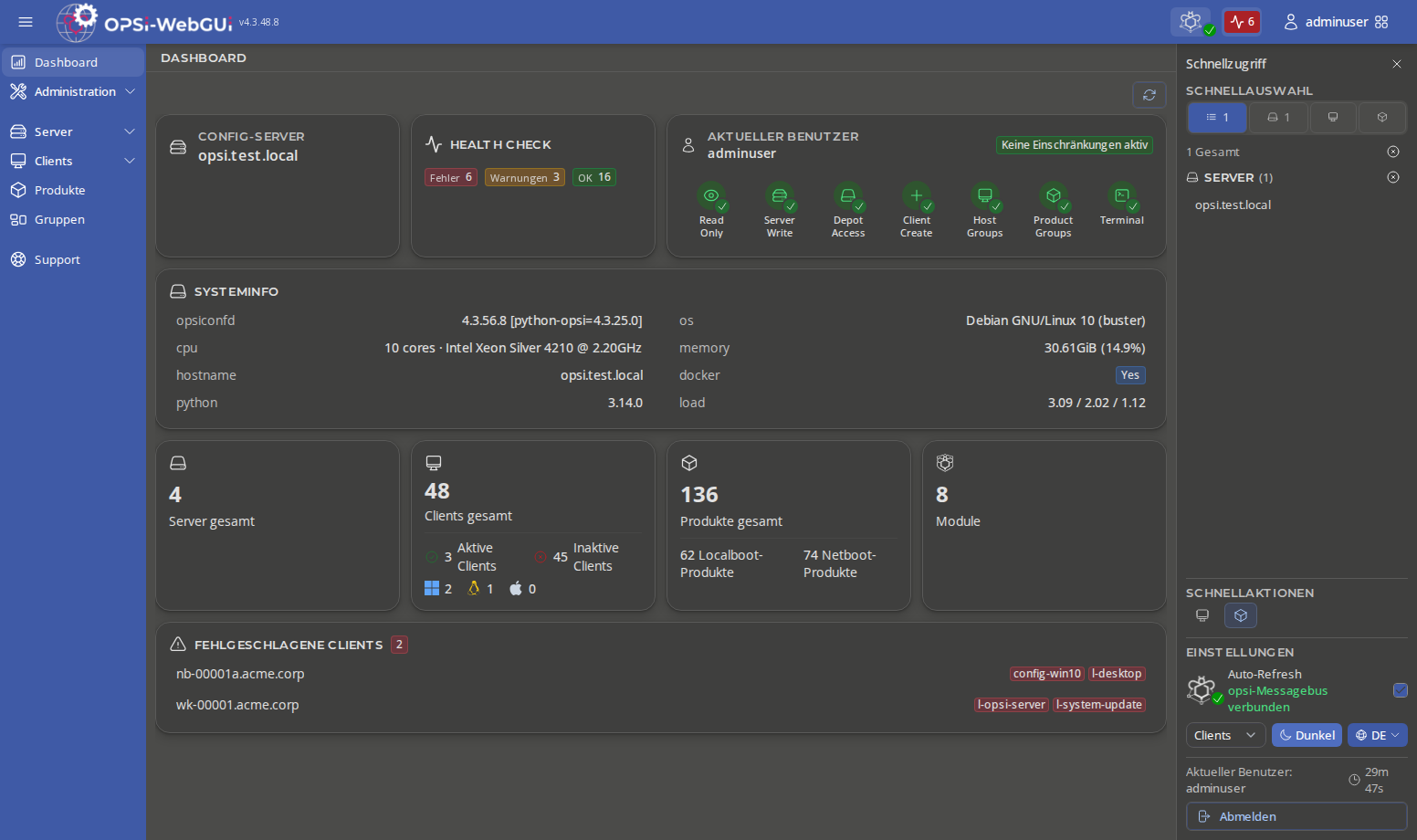 OPSI-WebGUI: Dashboard im dunklen Theme