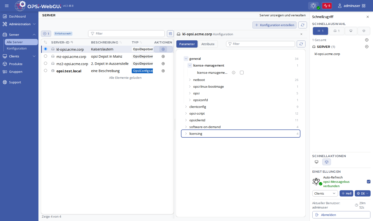 OPSI-WebGUI: Serveransicht