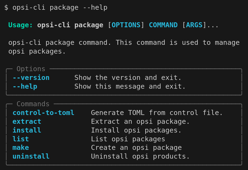 Output: opsi-cli package --help