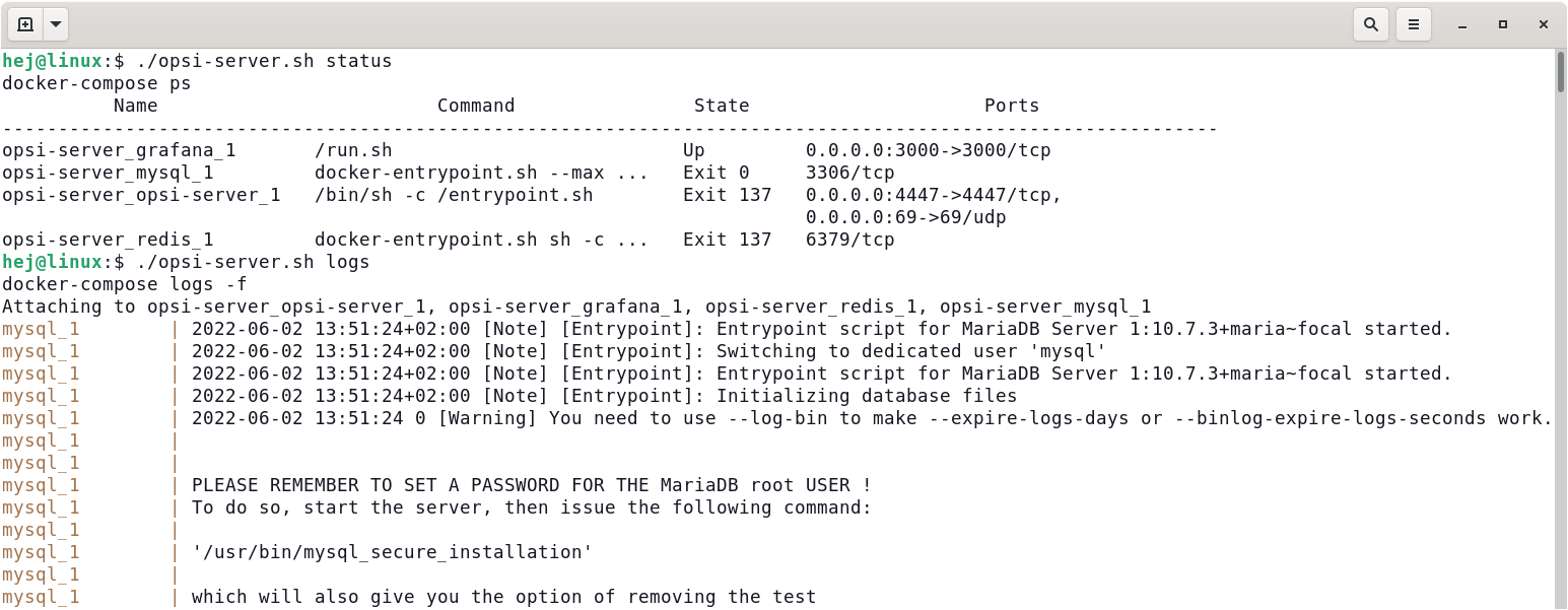 Überprüfen Sie den Status und die Logfiles mit dem Skript *opsi-server.sh*.