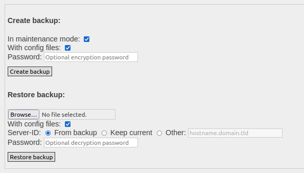 Auf dem Reiter _Maintenance_ der Admin-Seite können Sie auch Backups erzeugen und wiederherstellen.