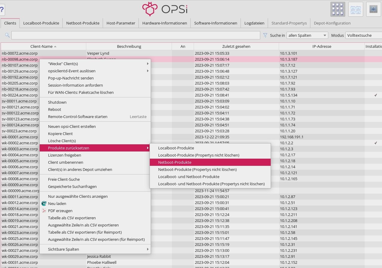 *opsi-configed*: Kontextmenü der rechten Maustaste