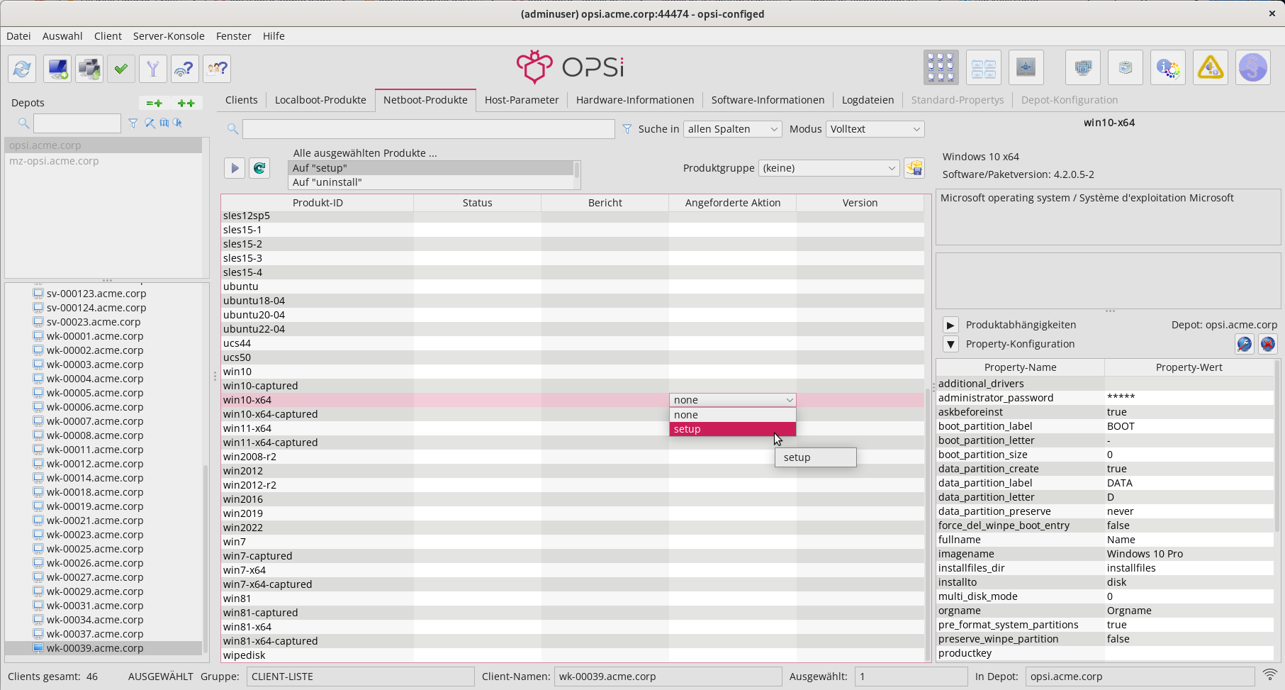 *opsi-configed*: Liste der Netboot-Produkte mit Detailansicht rechts