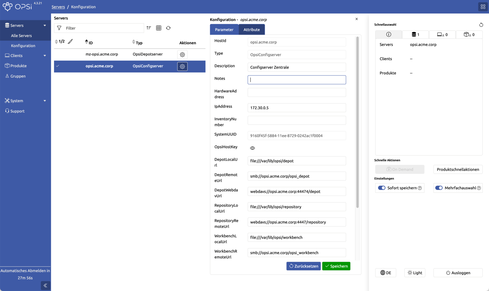 WebGUI: Server-Attribute bearbeiten