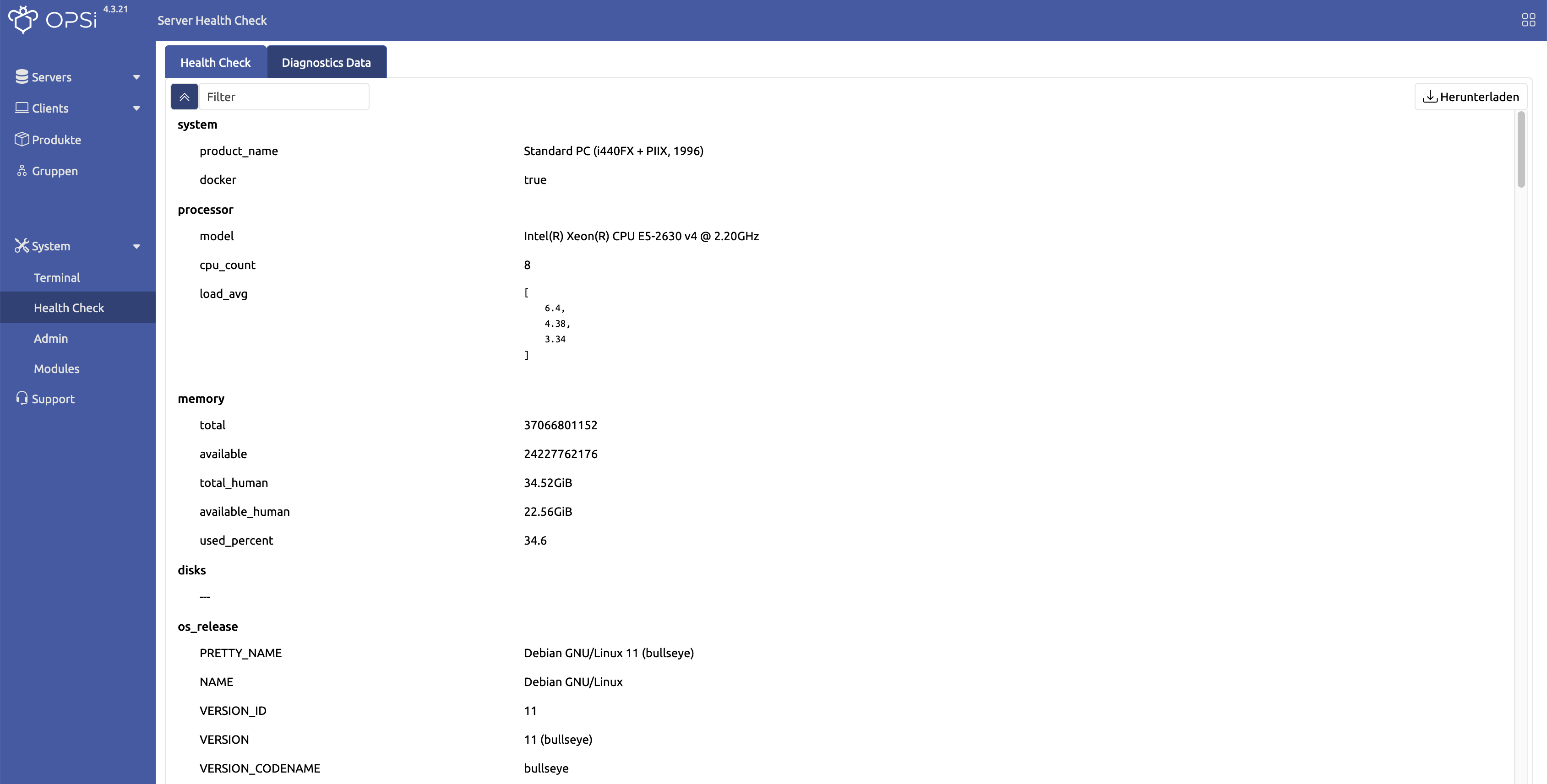 WebGUI: Diagnose-Daten