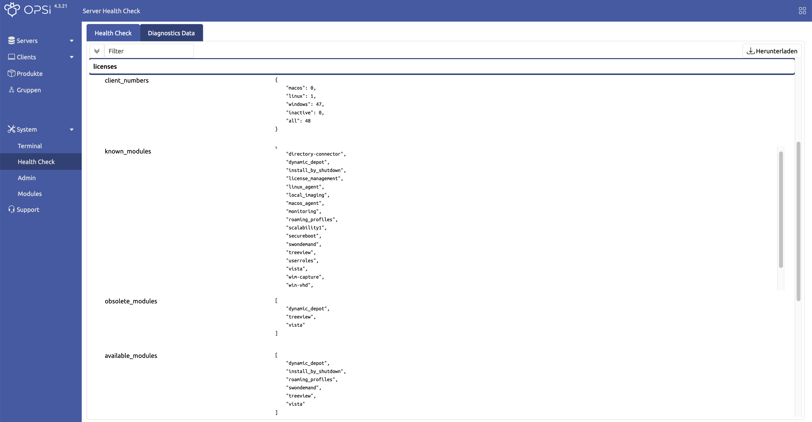 WebGUI: Diagnose-Daten, Lizenzen