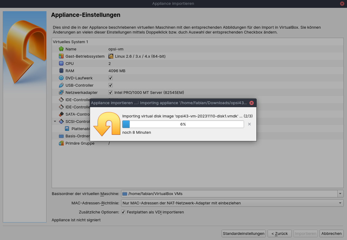 VirtualBox: Import der virtuellen Maschine