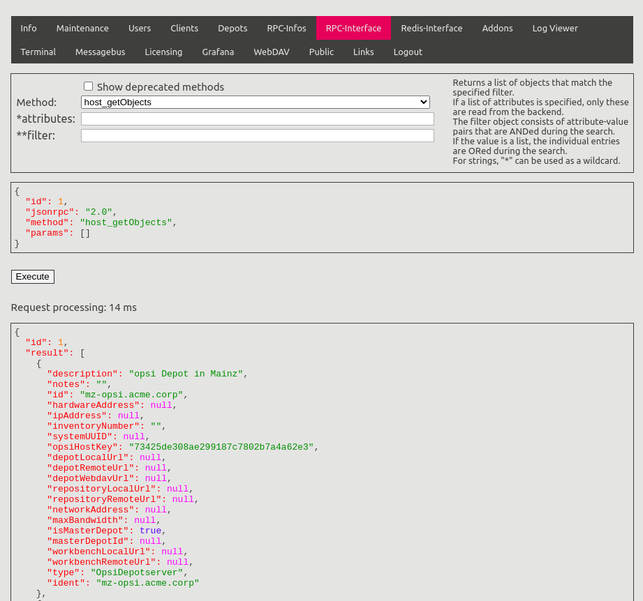 Über diesen Reiter können Sie Methoden der JSON-RPC-API ausführen.