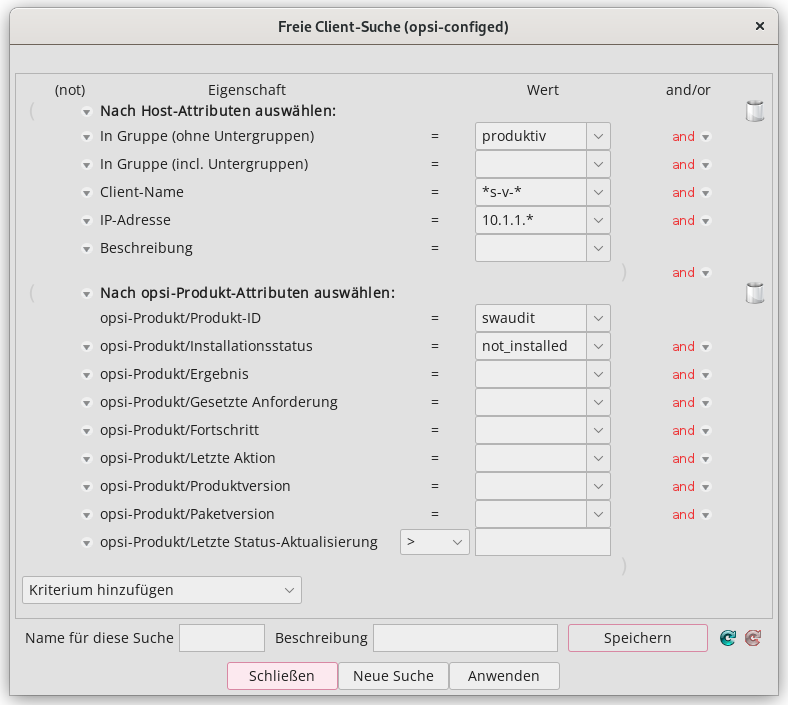 *opsi-configed*: Über die freie Clientsuche stellen Sie eigene Suchkriterien zusammen.