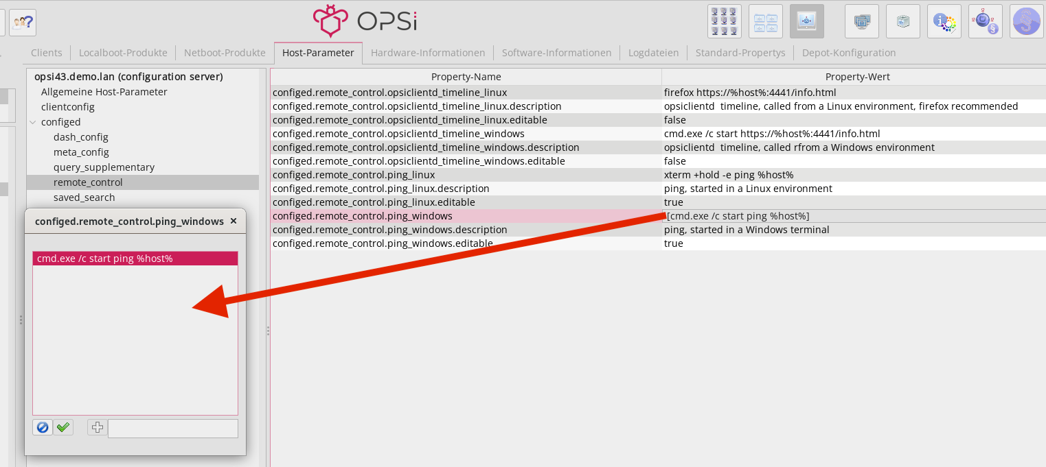 *opsi-configed*: Remote-Control-Aufrufe konfigurieren