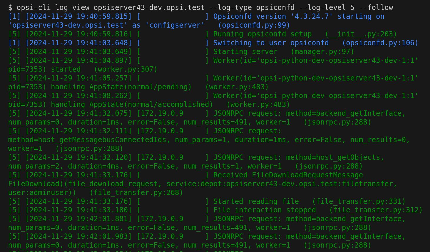 Output: opsi-cli log view --log-type opsiconfd