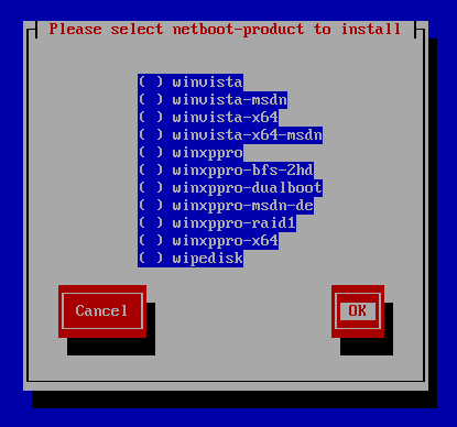 Screenshot: bootimage/boot-cd: netboot product list