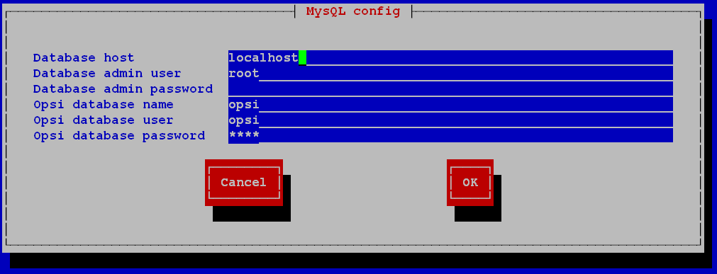 Dialog opsi-setup --configure-mysql: Input mask