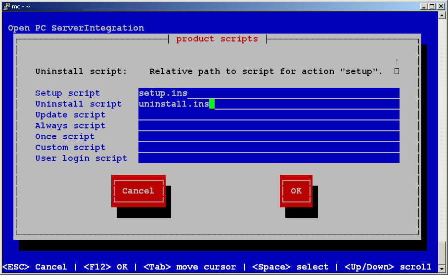 Screenshot: Input of the opsi-script script names for different actions