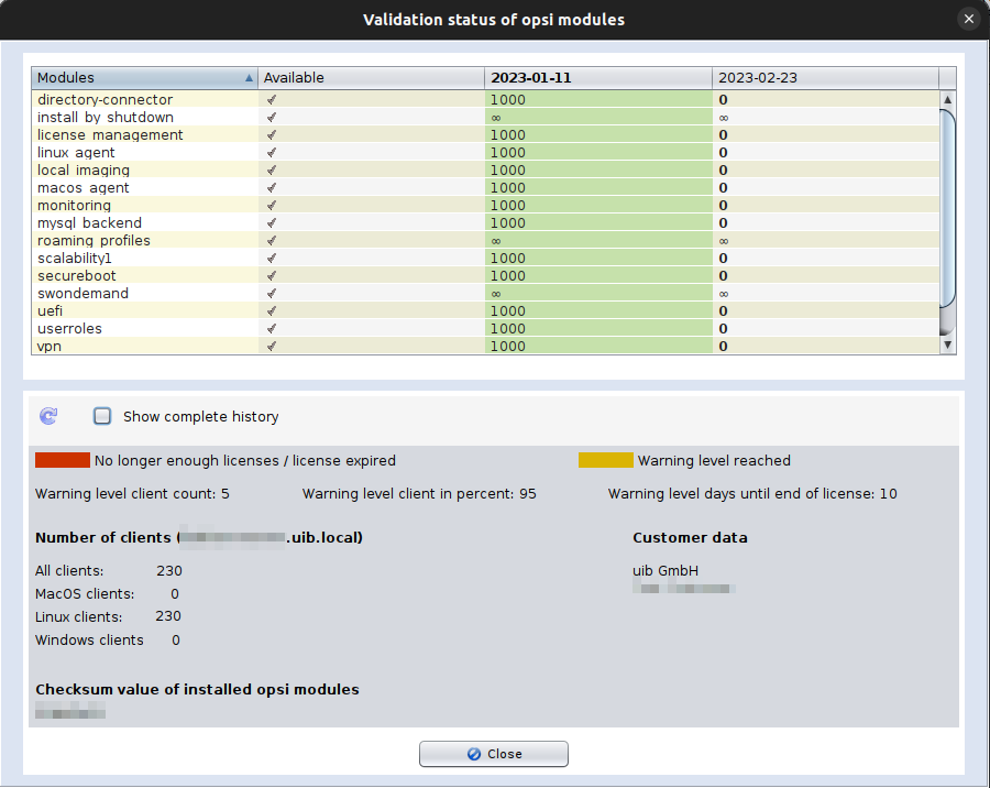 opsi-configed: Validation status of the opsi modules