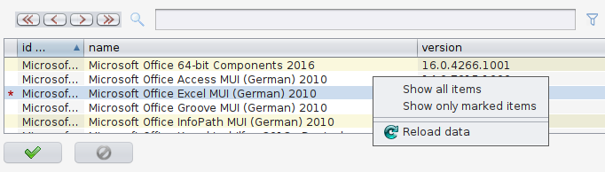 Software Table: the context menu of the right mouse button