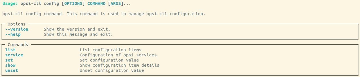 Output: opsi-cli config --help