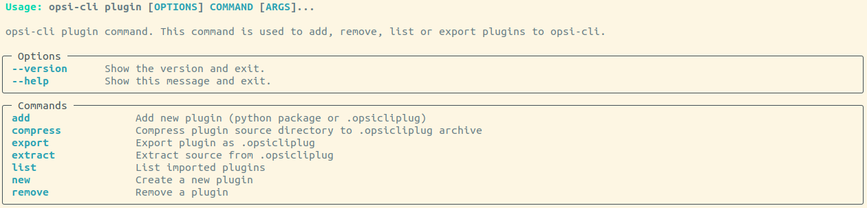 Output: opsi-cli plugin --help