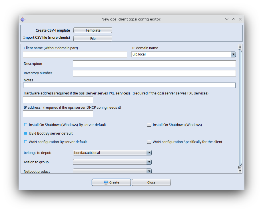 opsi-configed:  creating a client