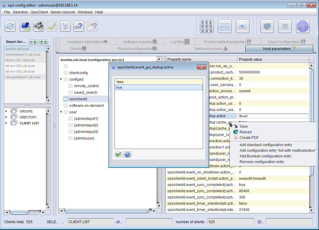 opsi-configed: Tab Host parameters (Server- and Client configuration)