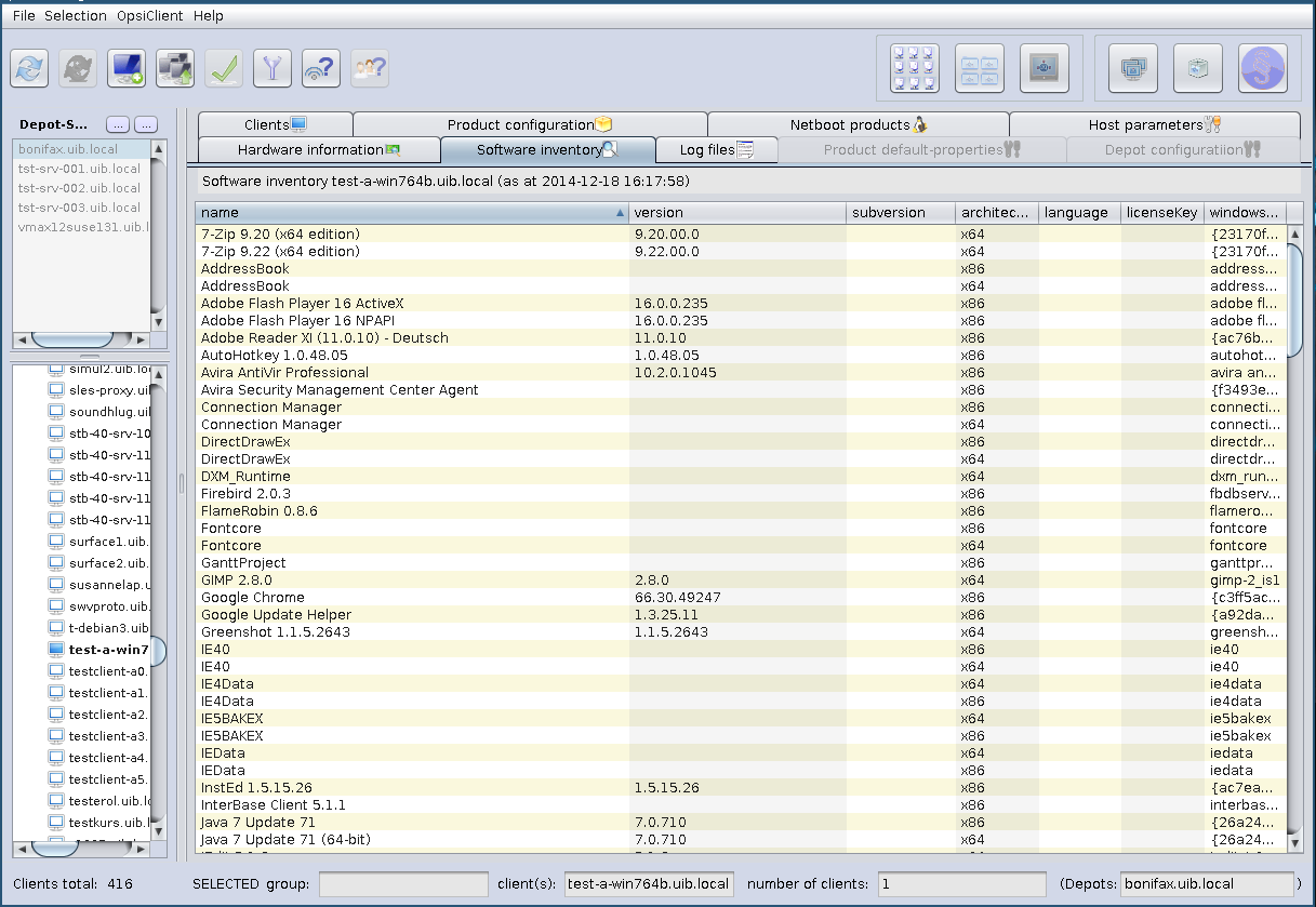 opsi-configed: Software information for the selected client