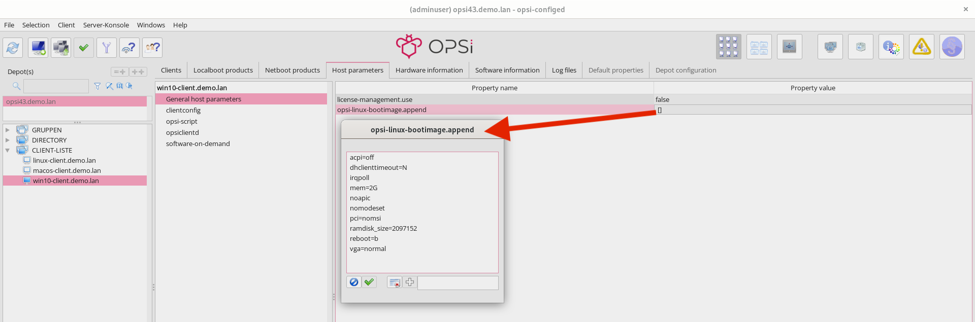 Configure start parameters for the opsi boot image via host parameters.