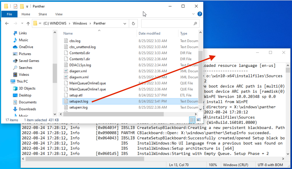 Most of the logfiles created during the OS installation are located in the *c:\Windows\Panther\* directory.