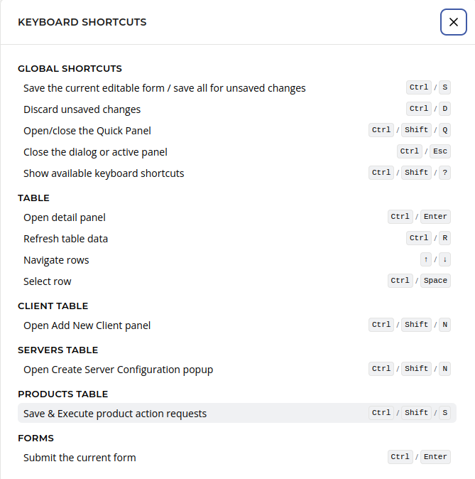 OPSI-WebGUI: Keyboard shortcuts
