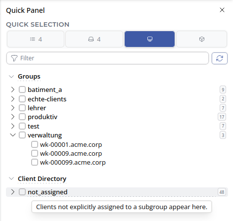 OPSI-WebGUI: Quick selection – Clients tab