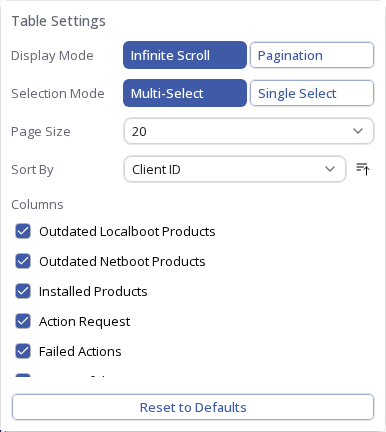OPSI-WebGUI: Table settings