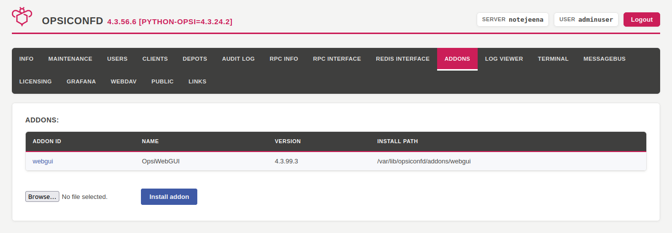 Installing the OPSI-WebGUI as zip file via the Admin Page