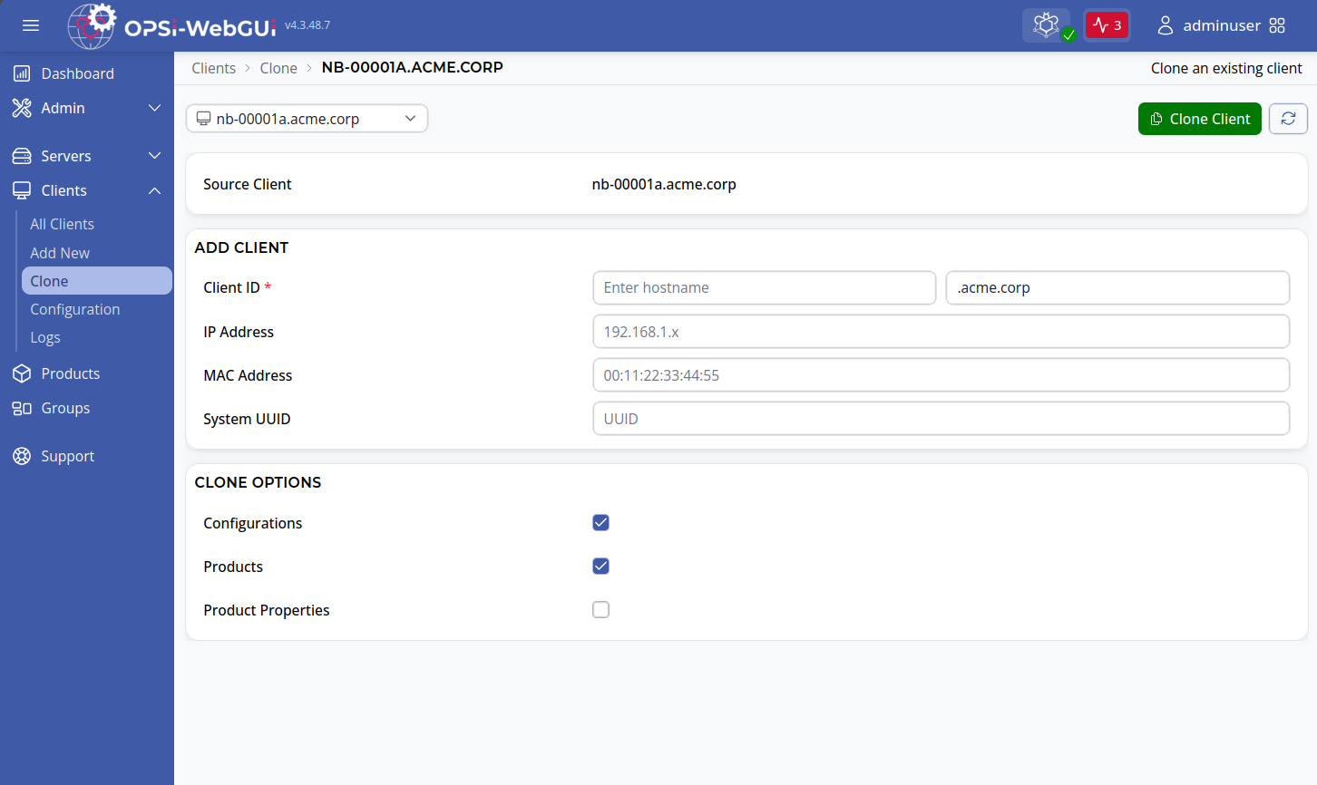 OPSI-WebGUI: Cloning a client