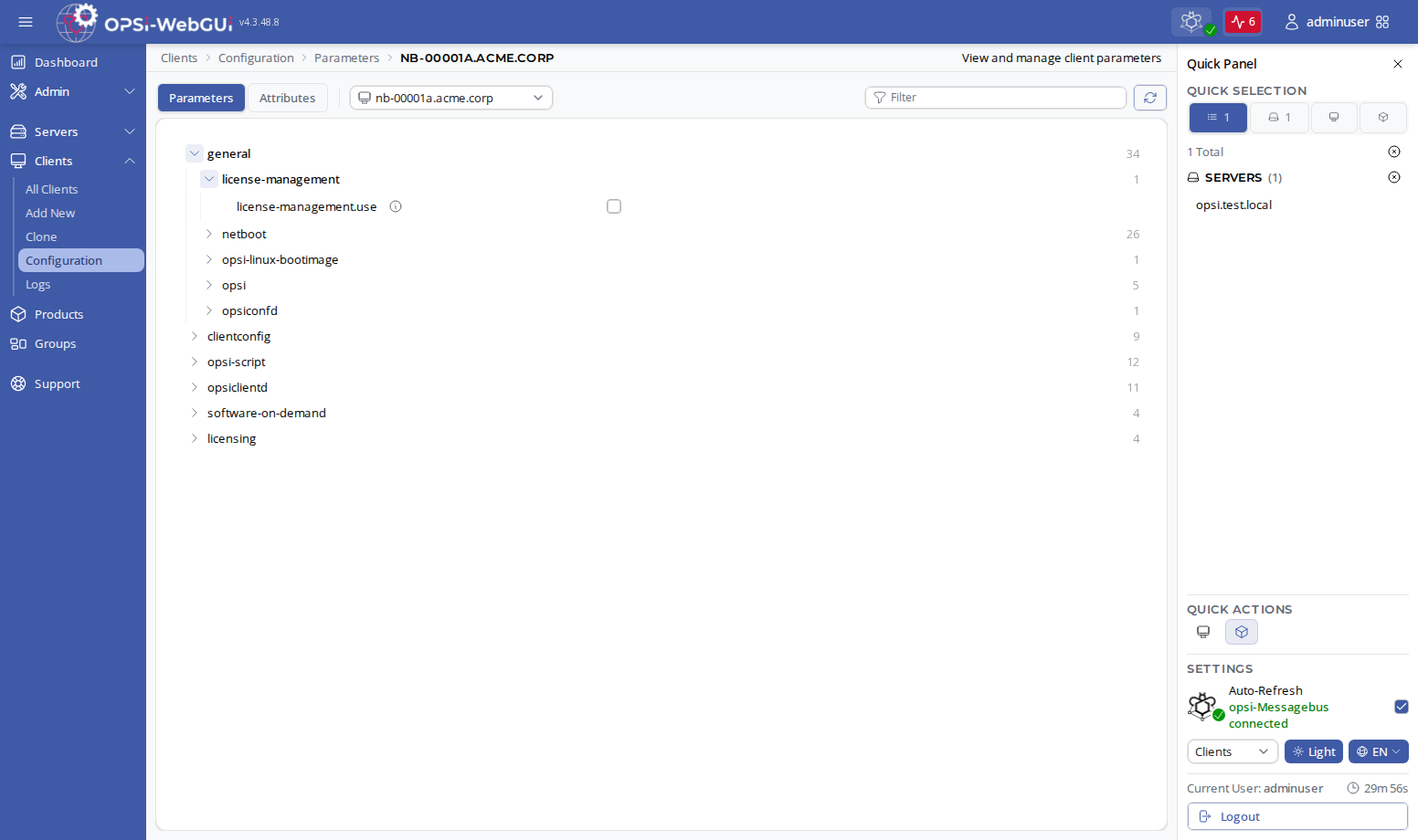 OPSI-WebGUI: Attributes and parameters