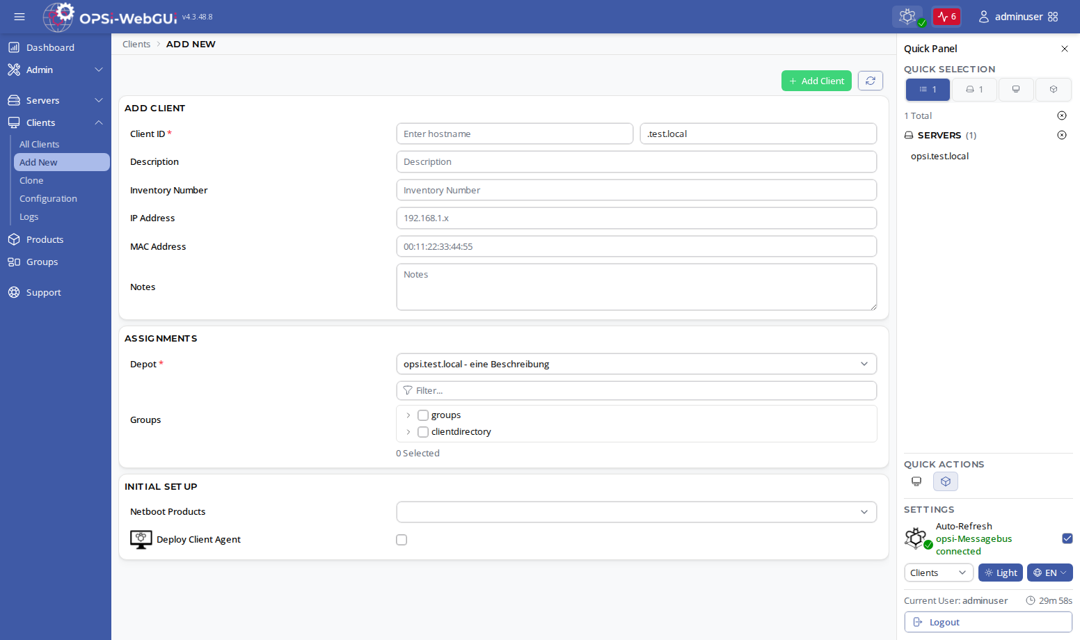 OPSI-WebGUI: Creating a client