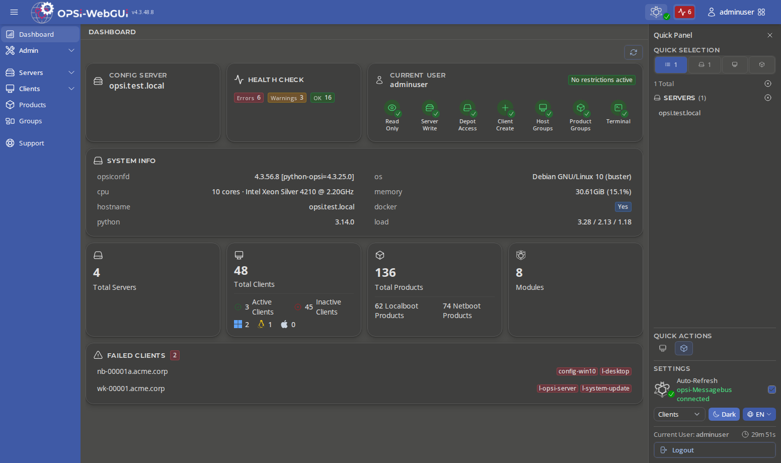 OPSI-WebGUI: Dashboard in dark theme