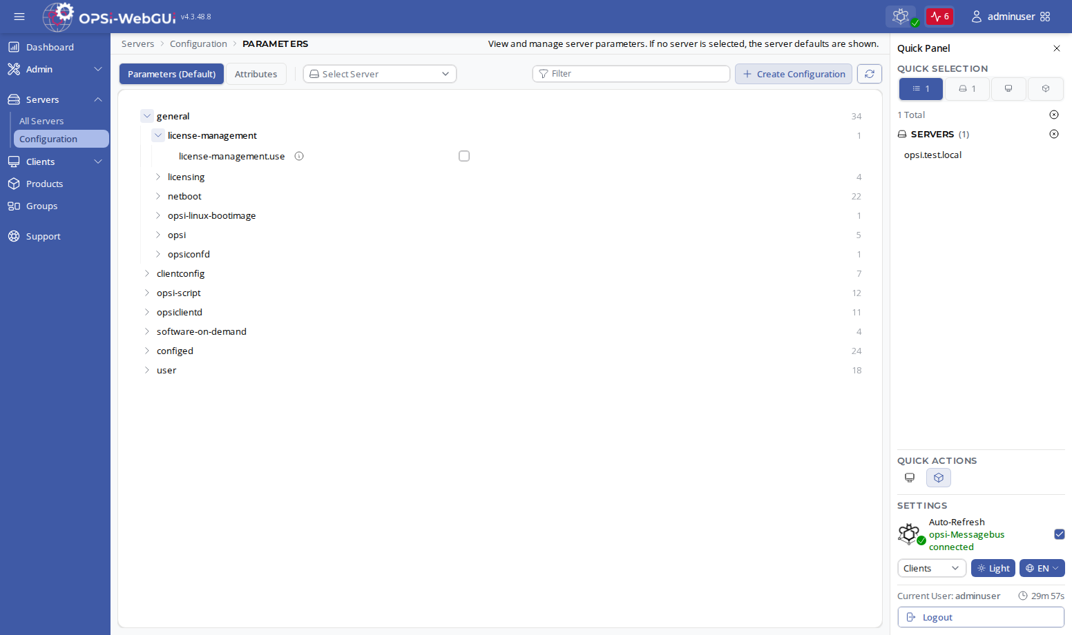 OPSI-WebGUI: Server parameters (defaults)