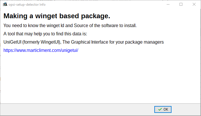 The *opsi-setup-detector* winget message.