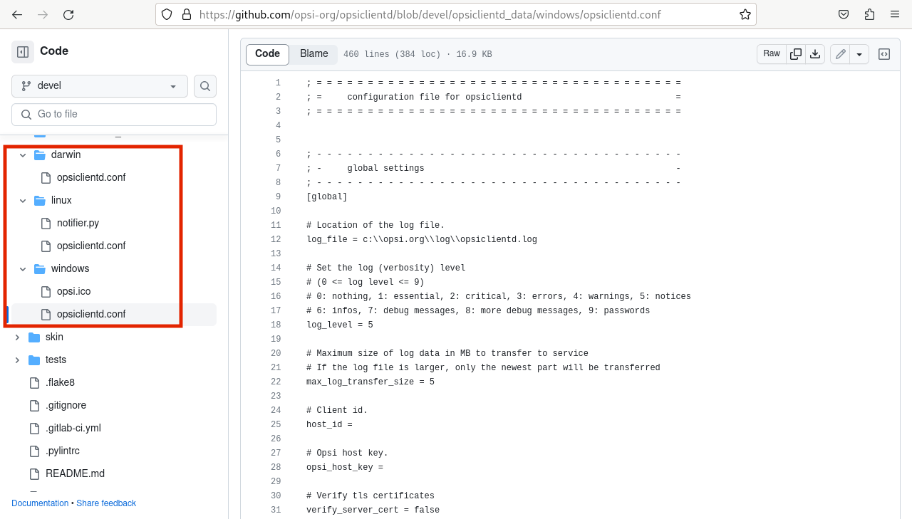 Our GitHub repository contains a *opsiclientd.conf* file with default values.