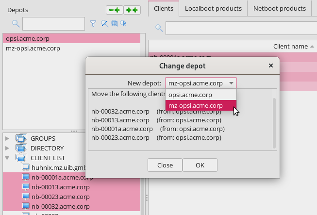 *opsi-configed*: Move Clients to another Depot